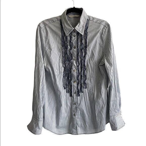 MAX VOLMARY Diamonds And Pearls Striped Button Front Blouse Blue White 14 - Picture 2 of 13